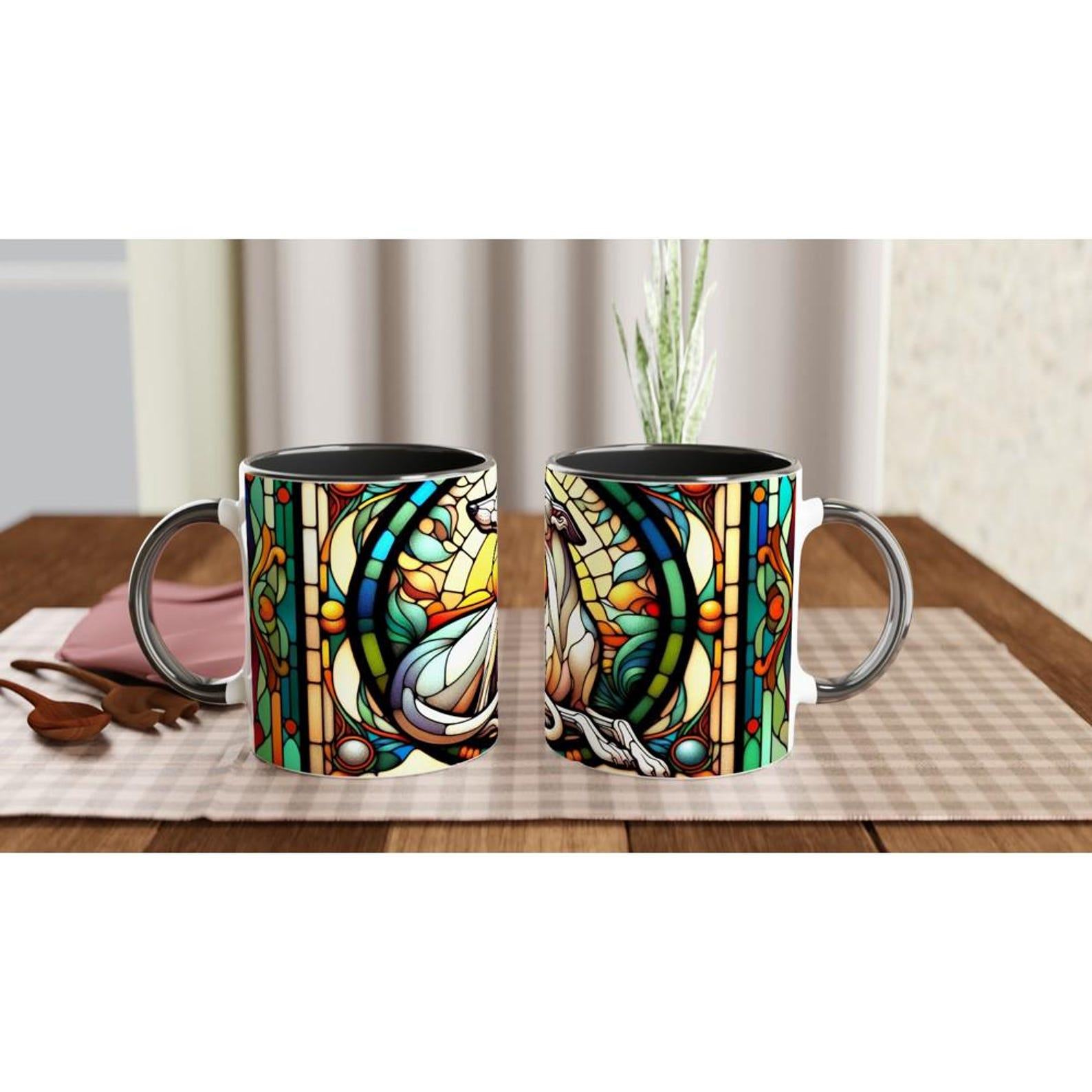 Art Nouveau Greyhound Stained Glass Effect Ceramic Mug – 11oz White