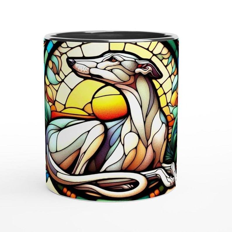 Art Nouveau Greyhound Stained Glass Effect Ceramic Mug – 11oz White