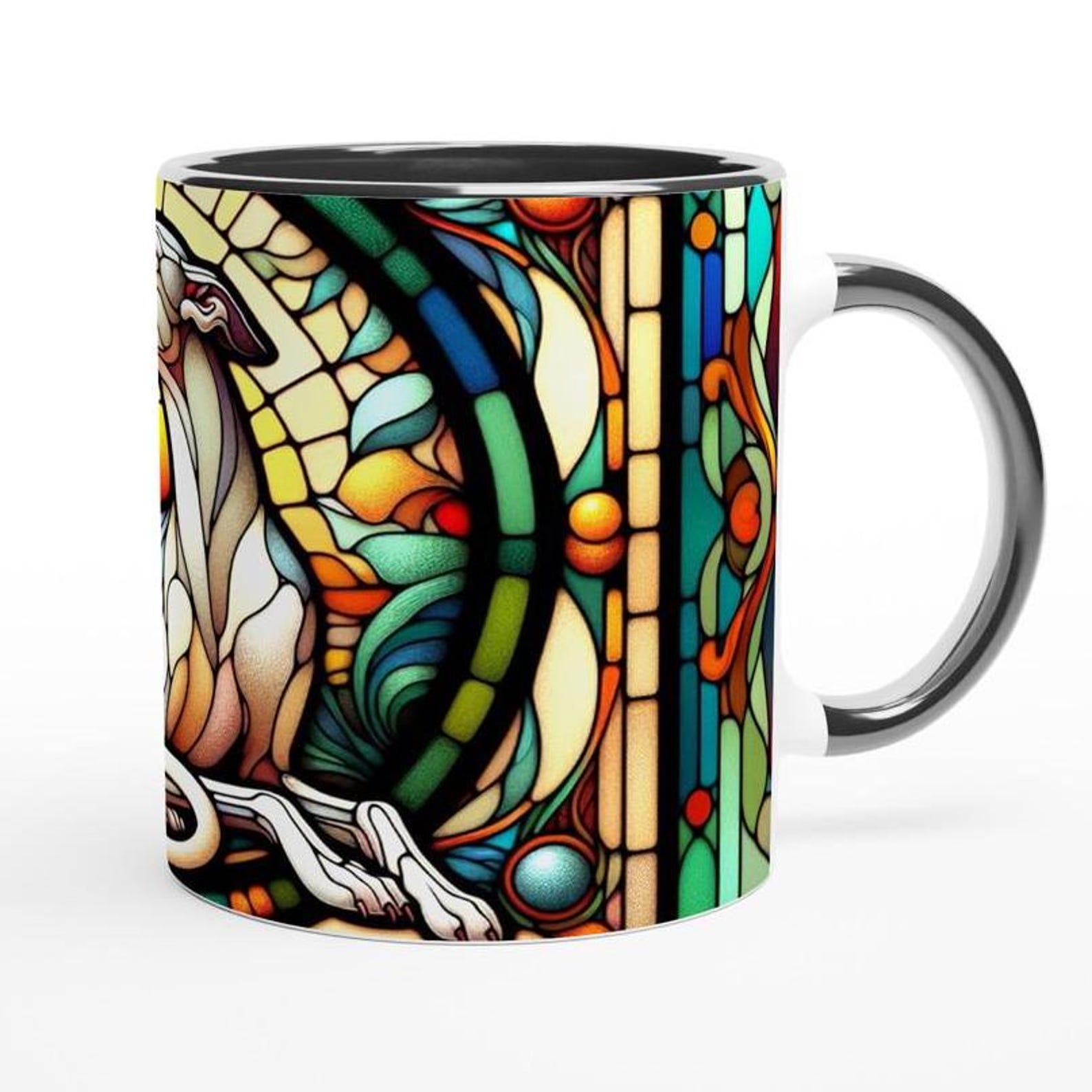 Art Nouveau Greyhound Stained Glass Effect Ceramic Mug – 11oz White