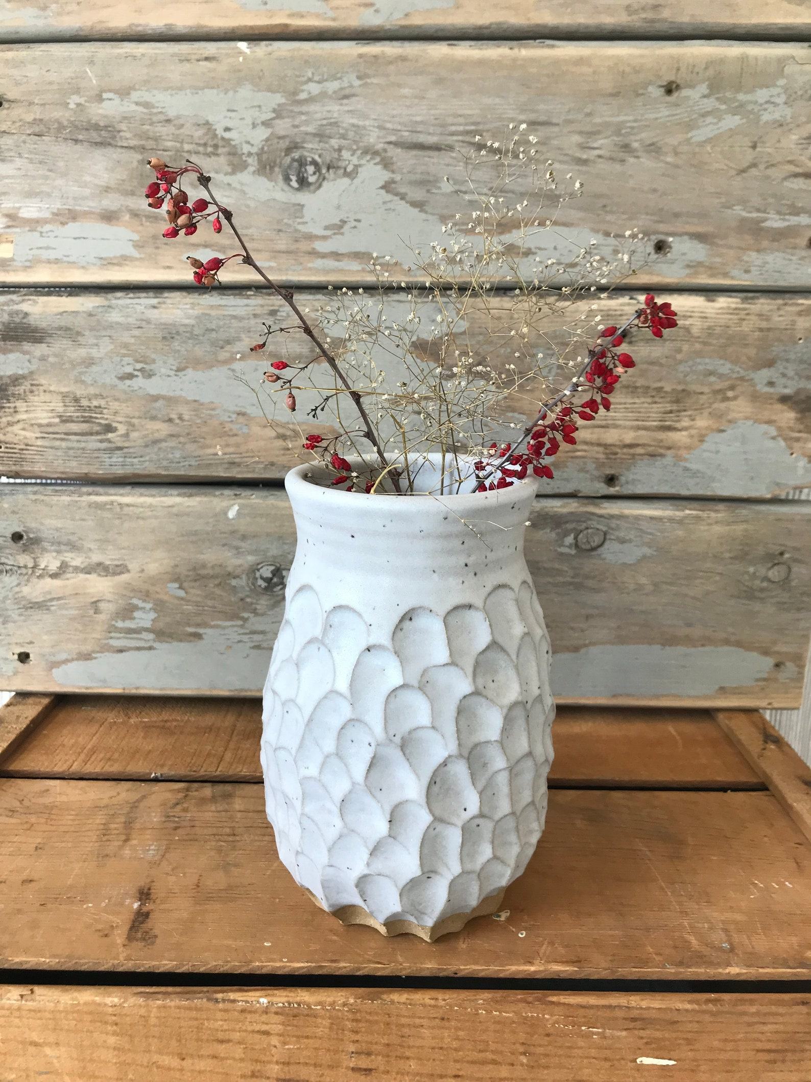 Artisan-Crafted White Textured Vase Elevate Your Kitchen with Boho-Chic Charm - Image 3