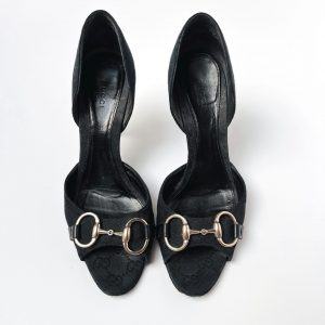 Authentic Gucci Black GG Logo Horsebit Buckle Open Toe Stiletto Heels in Size 37.5