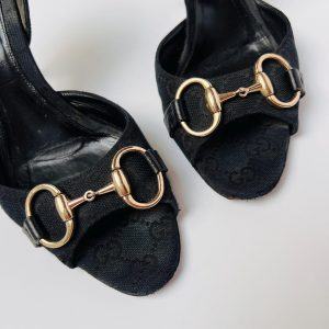 Authentic Gucci Black GG Logo Horsebit Buckle Open Toe Stiletto Heels in Size 37.5