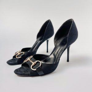 Authentic Gucci Black GG Logo Horsebit Buckle Open Toe Stiletto Heels in Size 37.5