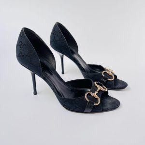 Authentic Gucci Black GG Logo Horsebit Buckle Open Toe Stiletto Heels in Size 37.5
