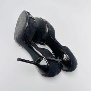 Authentic Gucci Black GG Logo Horsebit Buckle Open Toe Stiletto Heels in Size 37.5