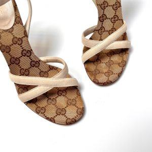 Authentic Gucci GG Monogram Canvas and Suede Strappy Stiletto Heels Sandals in Beige