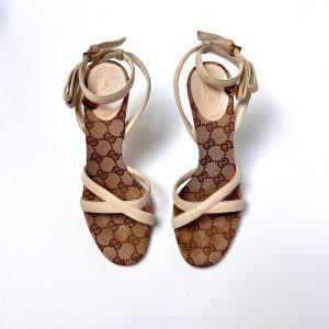 Authentic Gucci GG Monogram Canvas and Suede Strappy Stiletto Heels Sandals in Beige