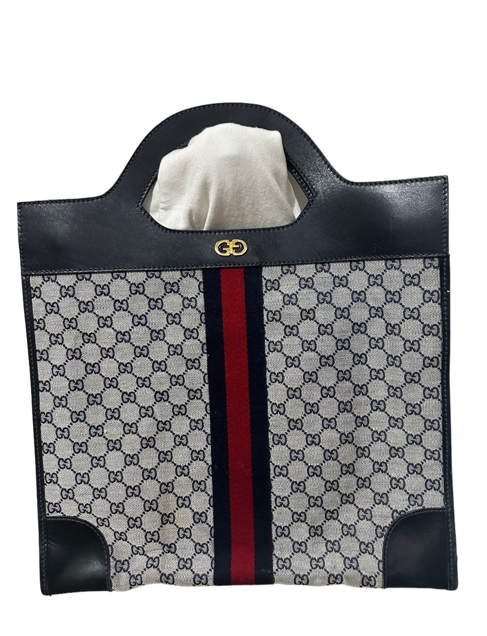 Authentic Vintage Gucci Blue Signature Canvas and Leather Top Handle Tote Bag - Image 2