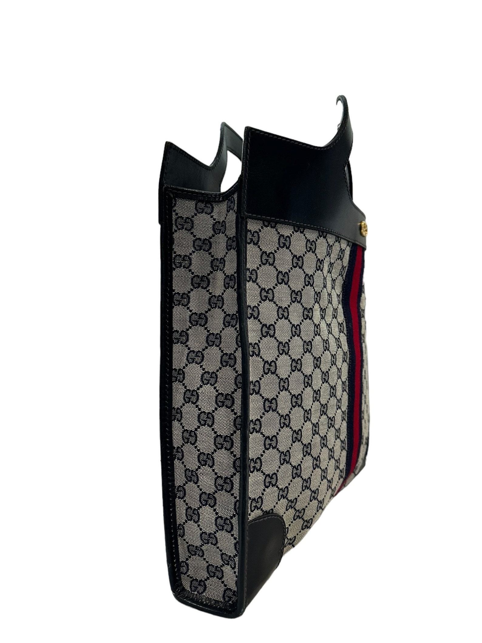 Authentic Vintage Gucci Blue Signature Canvas and Leather Top Handle Tote Bag - Image 5