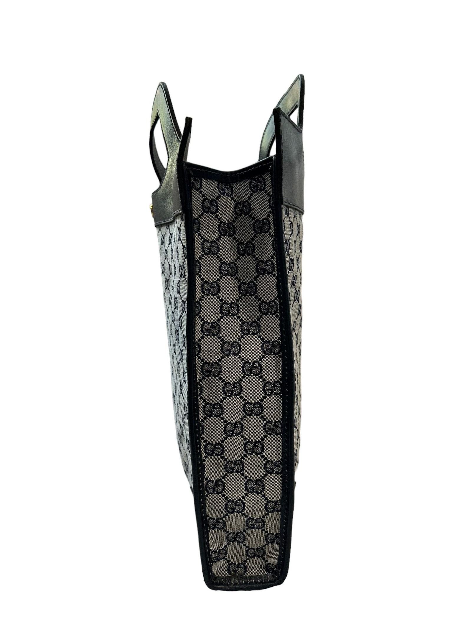 Authentic Vintage Gucci Blue Signature Canvas and Leather Top Handle Tote Bag - Image 4