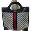 Authentic Vintage Gucci Blue Signature Canvas and Leather Top Handle Tote Bag