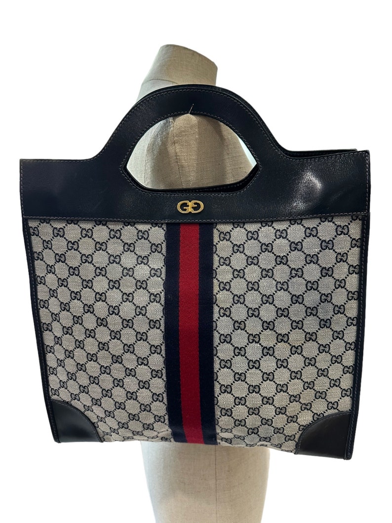 Authentic Vintage Gucci Blue Signature Canvas and Leather Top Handle Tote Bag