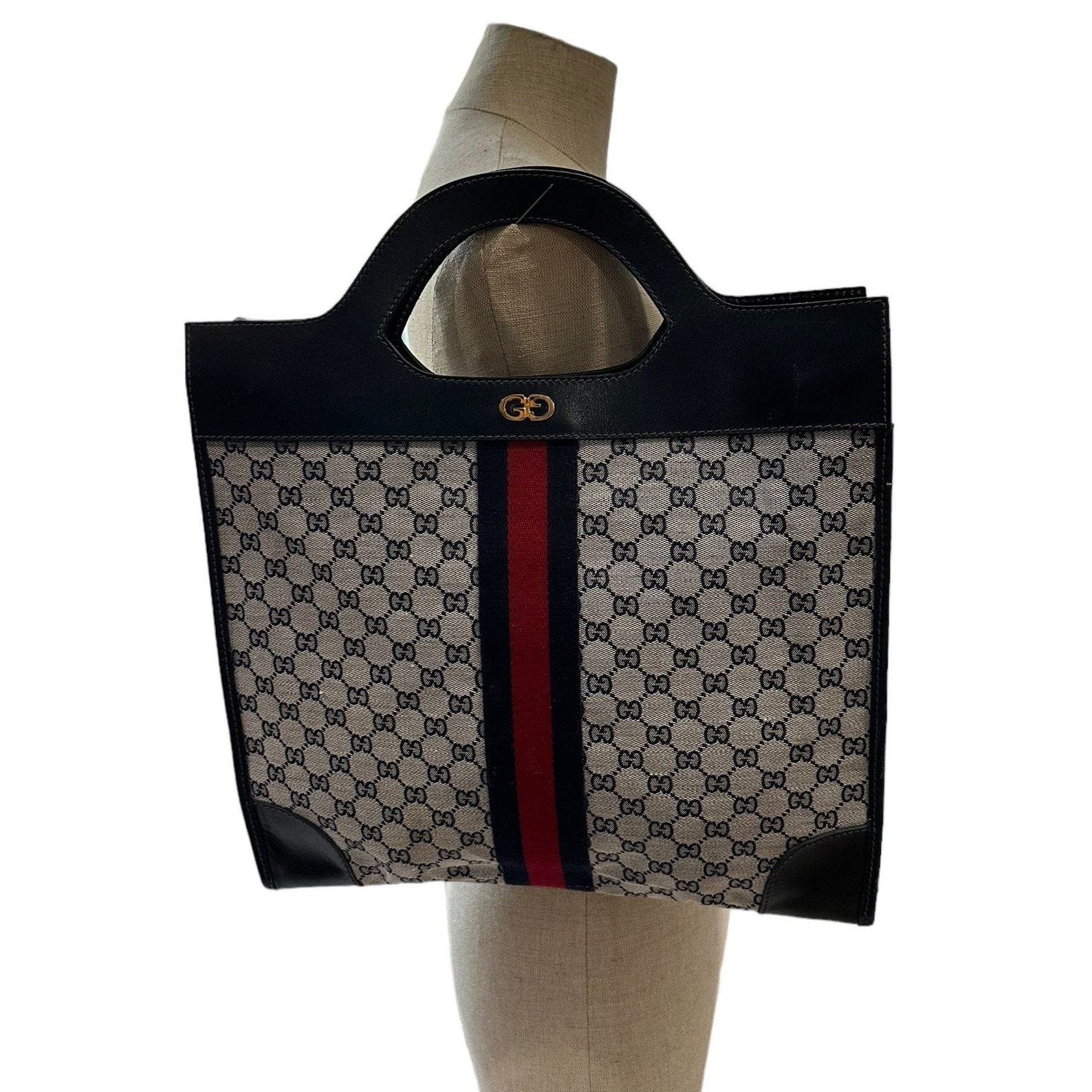 Authentic Vintage Gucci Blue Signature Canvas and Leather Top Handle Tote Bag