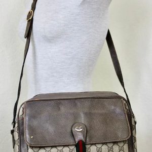 Authentic Vintage GUCCI Brown Coated Canvas GG Striped Crossbody Bag Made in Italy