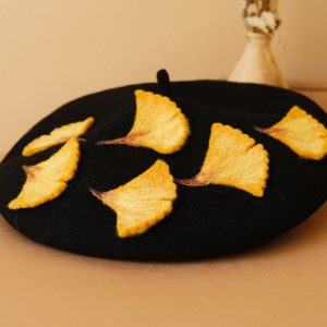 Autumn’s Embrace Handcrafted Felted Beret with Fallen Ginkgo Leaves
