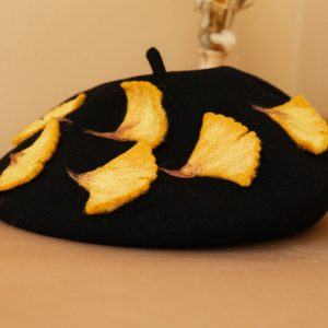 Autumn’s Embrace Handcrafted Felted Beret with Fallen Ginkgo Leaves