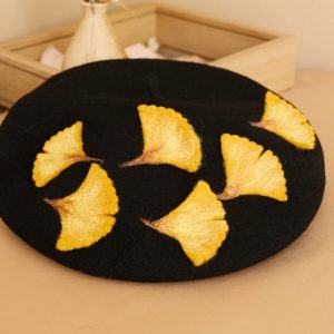 Autumn’s Embrace Handcrafted Felted Beret with Fallen Ginkgo Leaves