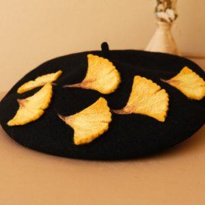 Autumn’s Embrace Handcrafted Felted Beret with Fallen Ginkgo Leaves