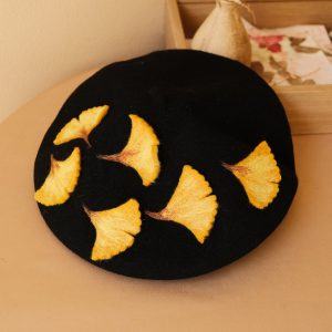 Autumn’s Embrace Handcrafted Felted Beret with Fallen Ginkgo Leaves