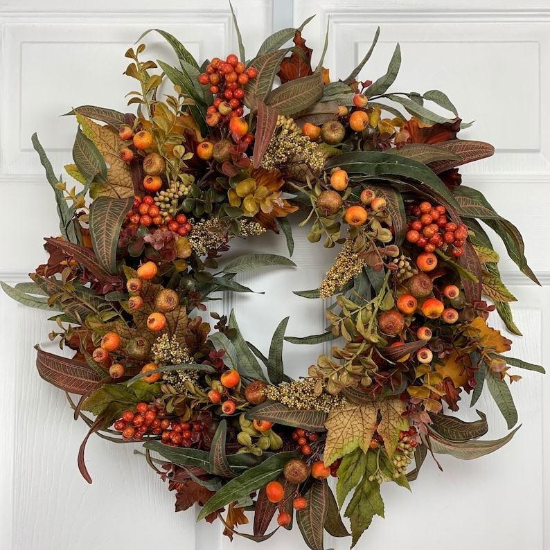Autumnal Embrace Fall Wreath Adorned with Vibrant Foliage and Berries
