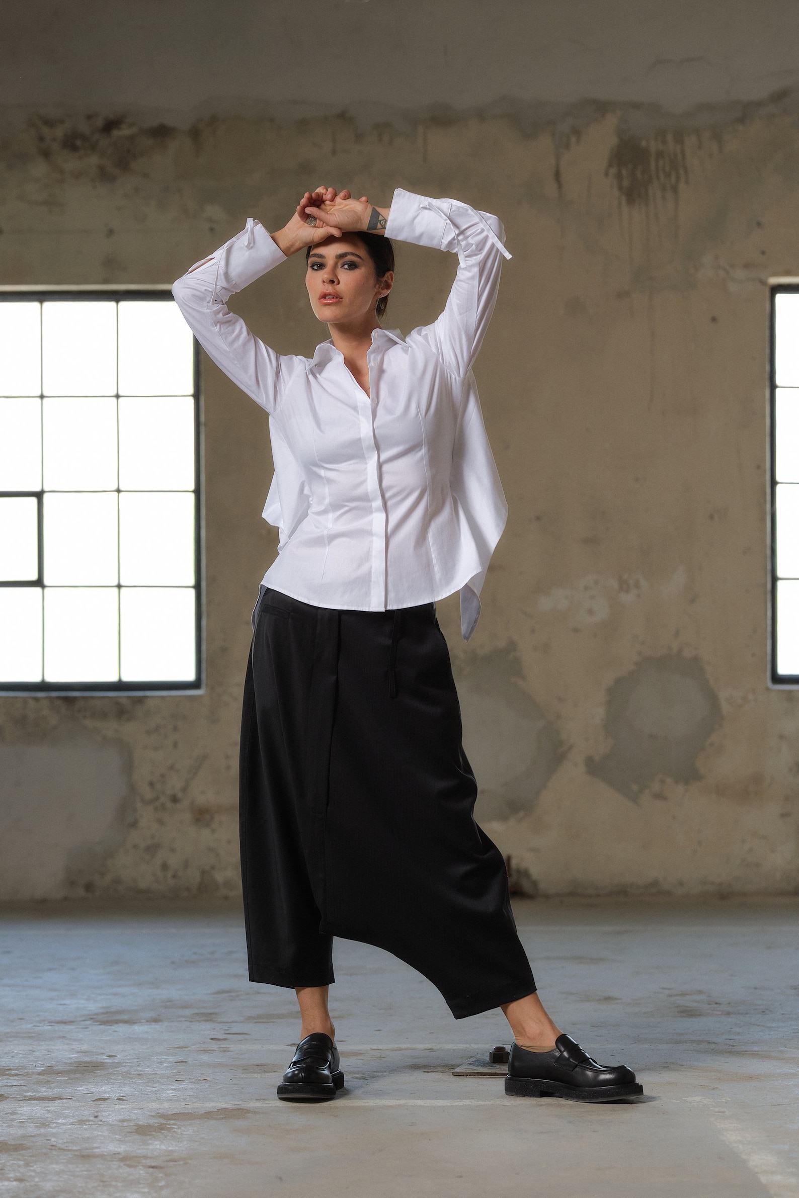 Avant-Garde Black Wool Drop Crotch Pants Sustainable Urban Minimalism - Image 4