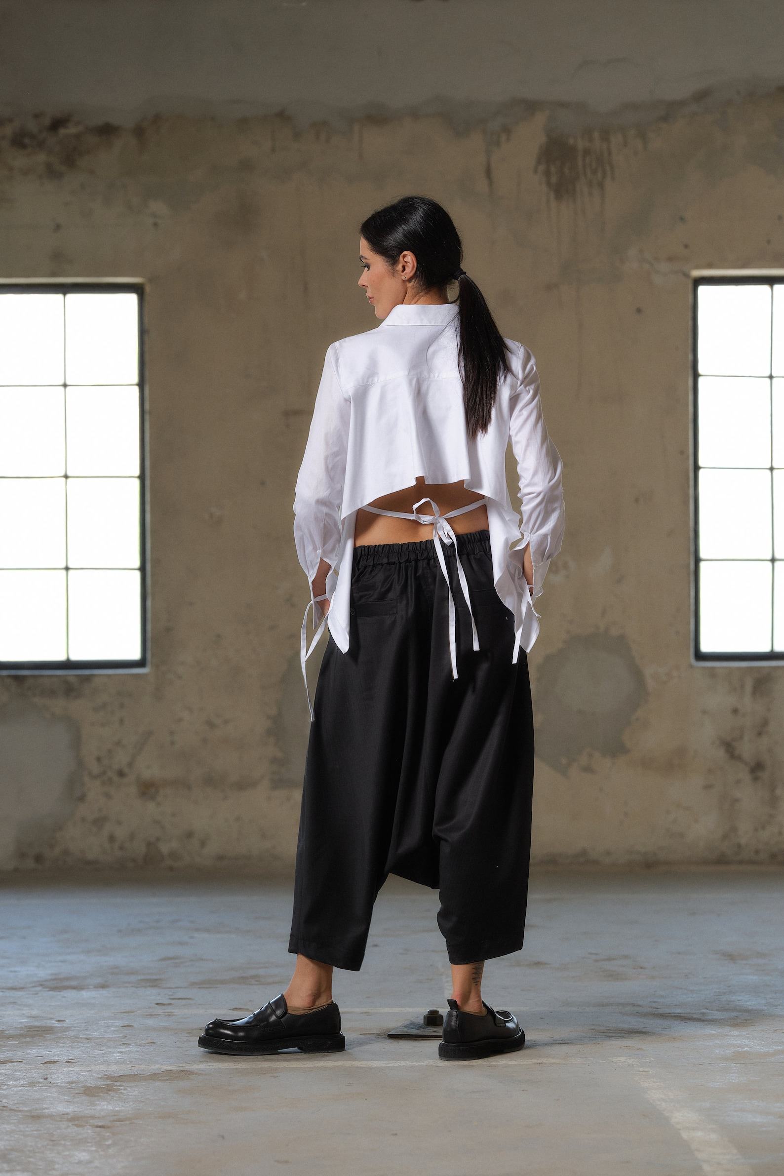Avant-Garde Black Wool Drop Crotch Pants Sustainable Urban Minimalism - Image 6