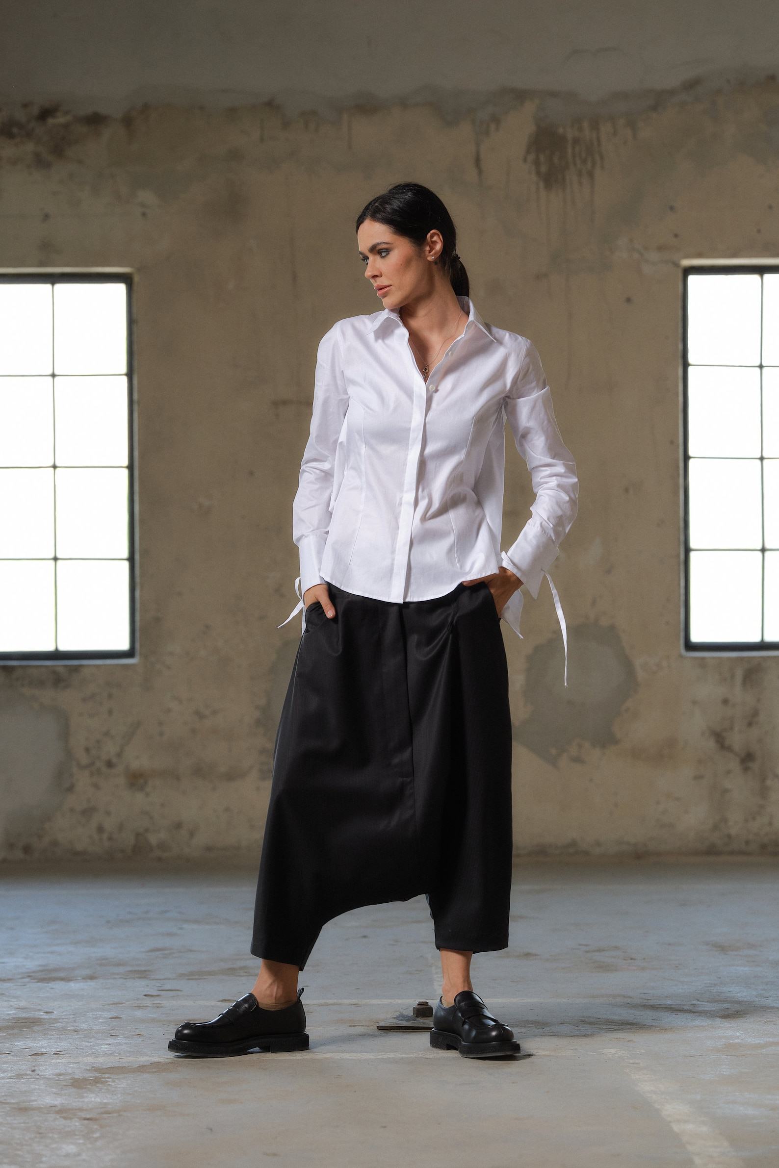Avant-Garde Black Wool Drop Crotch Pants Sustainable Urban Minimalism - Image 5