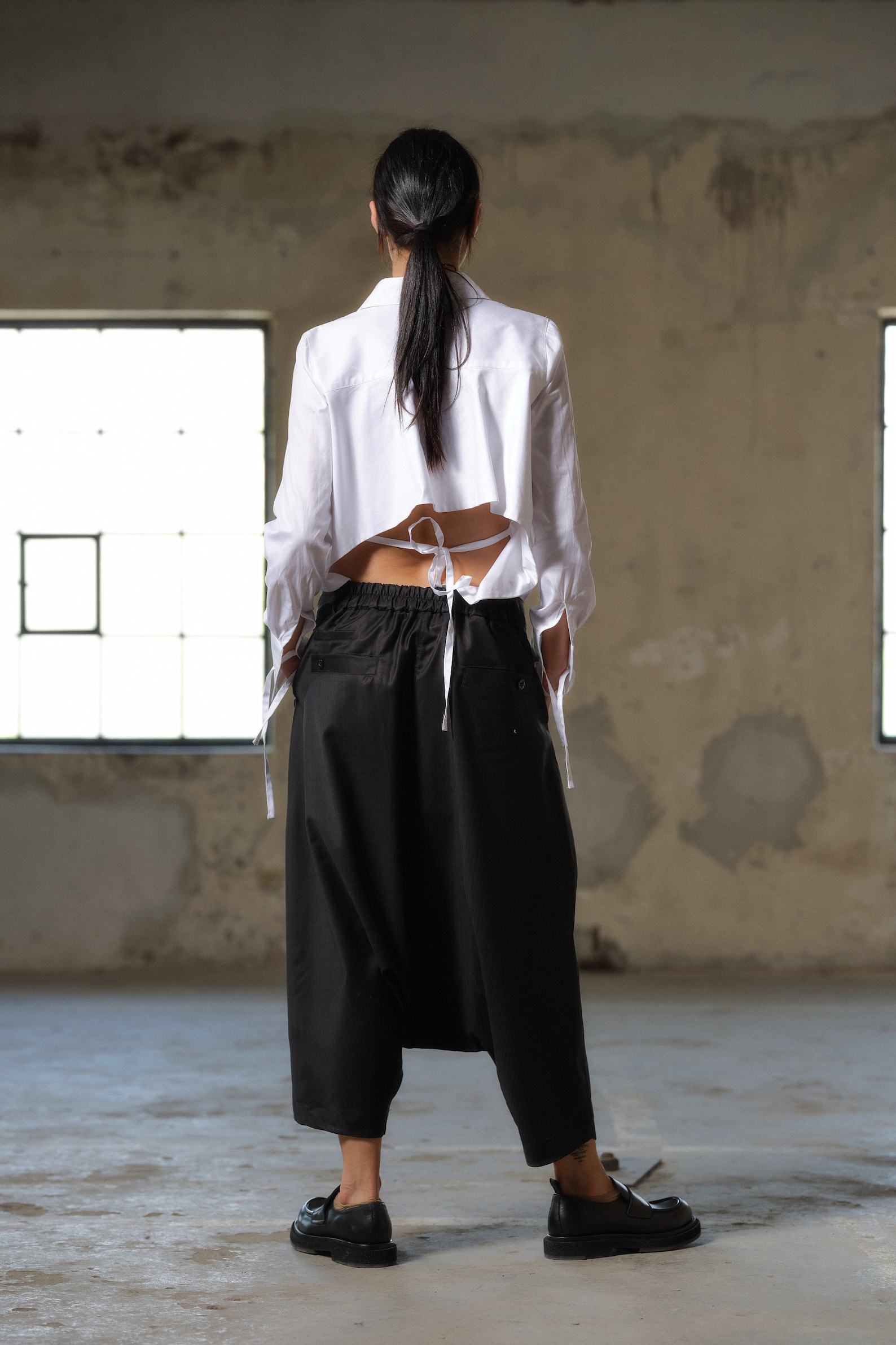 Avant-Garde Black Wool Drop Crotch Pants Sustainable Urban Minimalism - Image 3
