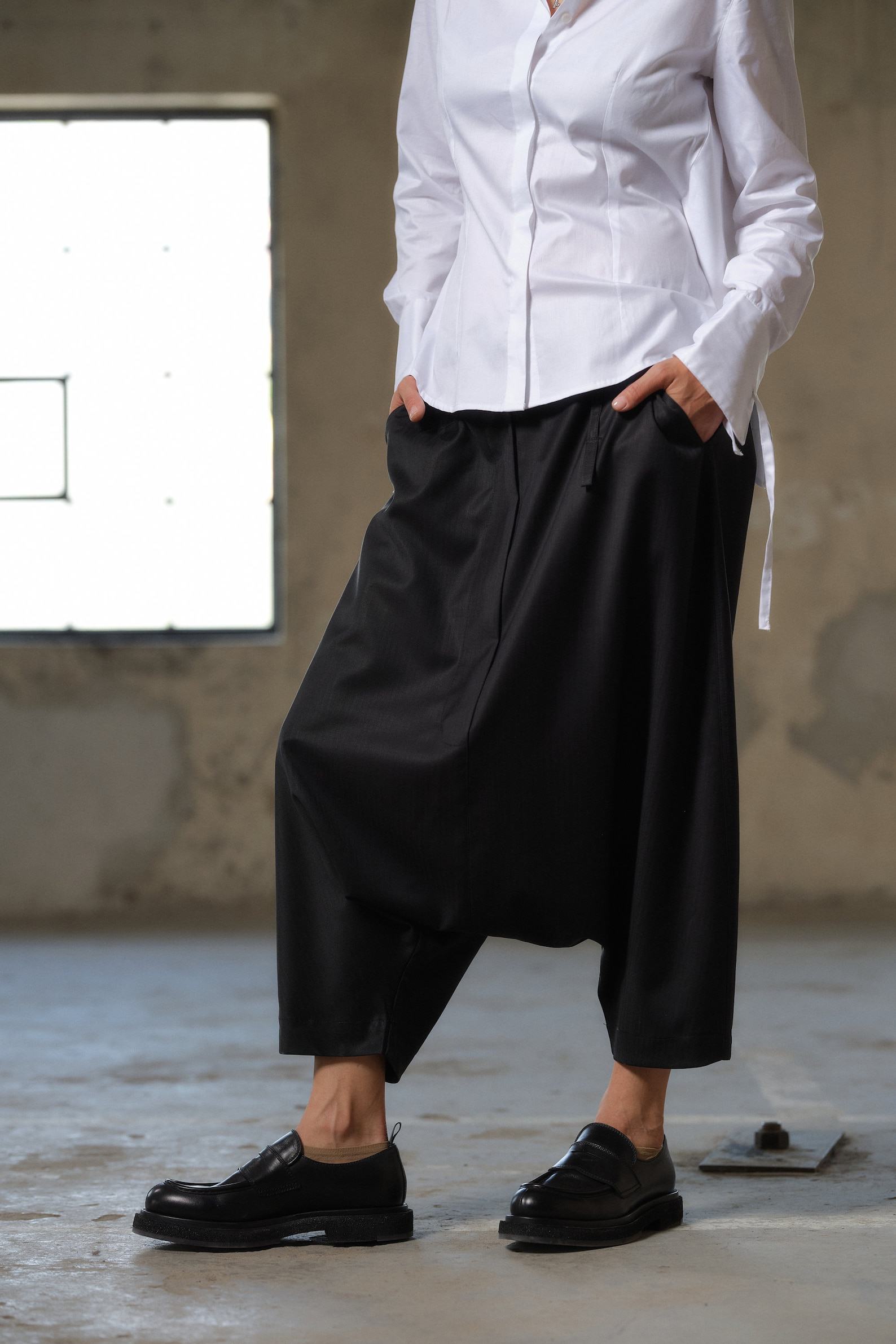 Avant-Garde Black Wool Drop Crotch Pants Sustainable Urban Minimalism - Image 2