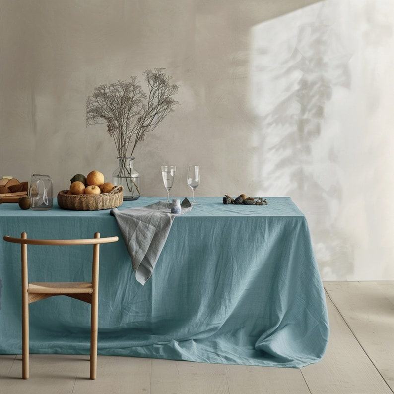 Azure Elegance Minimalist Linen Tablecloth for a Serene Dining Experience