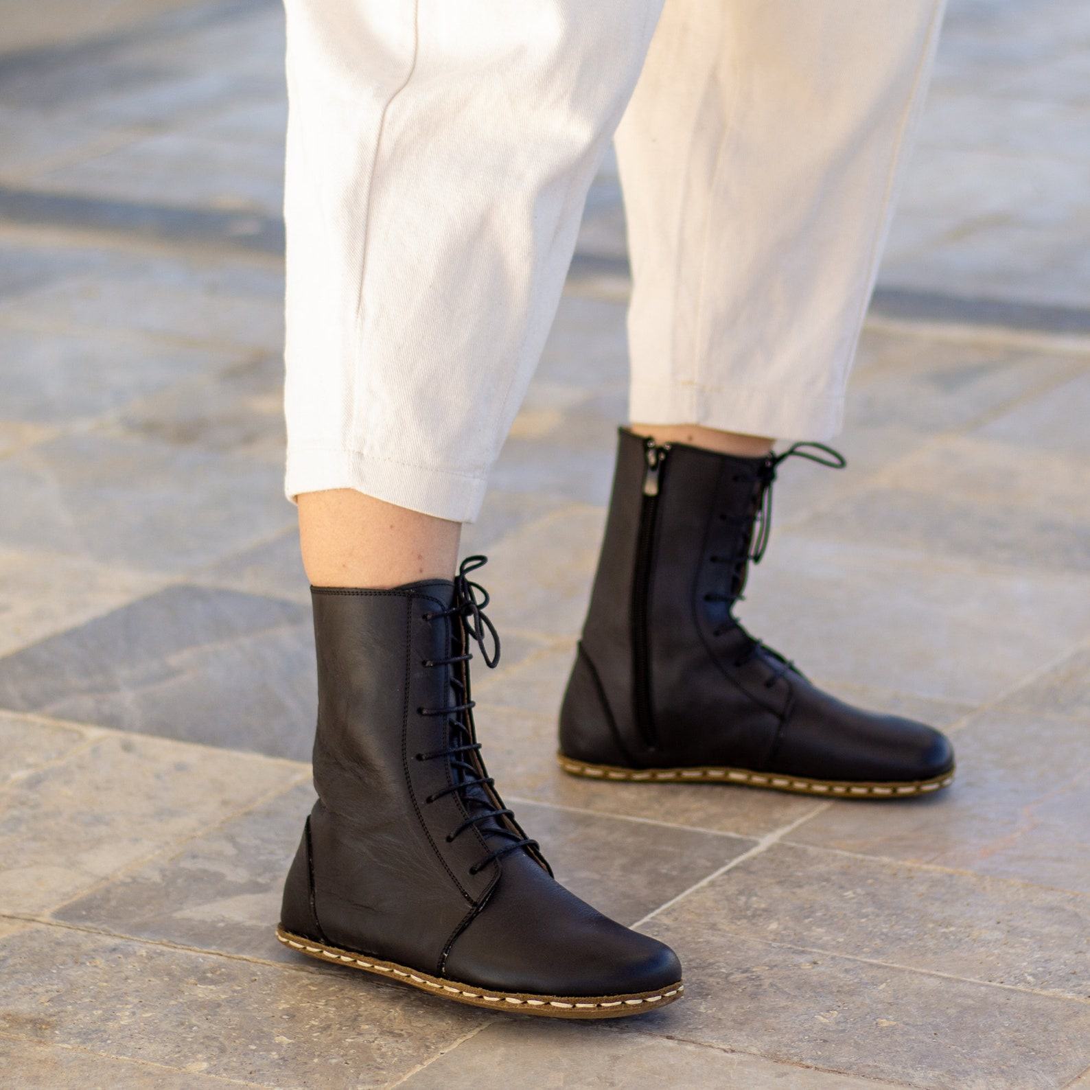 Barefoot Black Leather Earthing Boots for Women – Grounding Copper Rivet Design