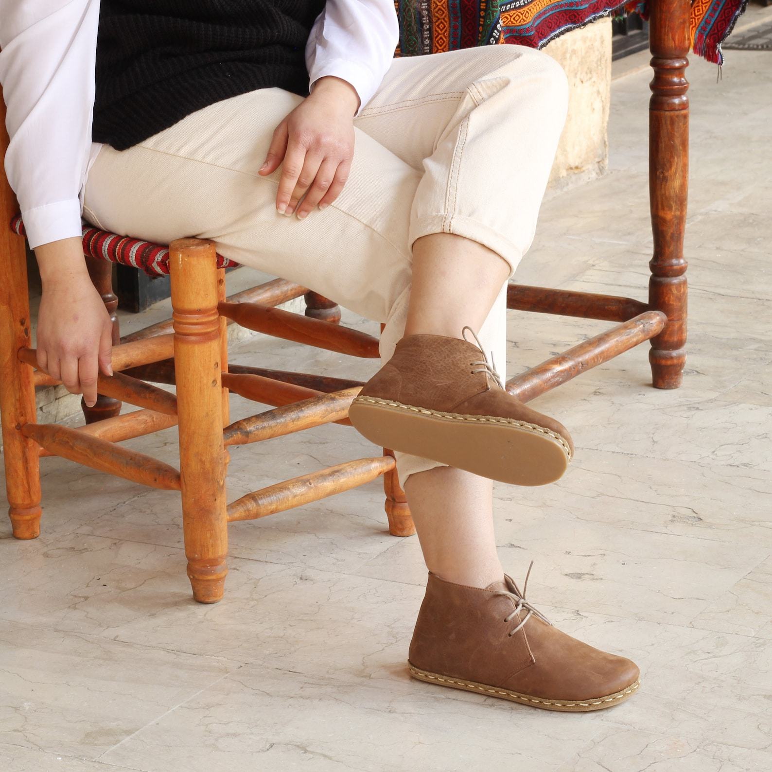 Barefoot Brown Leather Boots – Women’s Hippie Grounding Copper Rivet Shoes