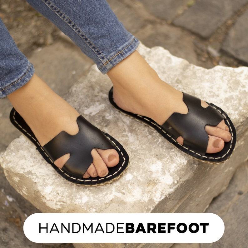 Barefoot Freedom  Black Leather Handmade Sandals for Women – Bohemian Chic