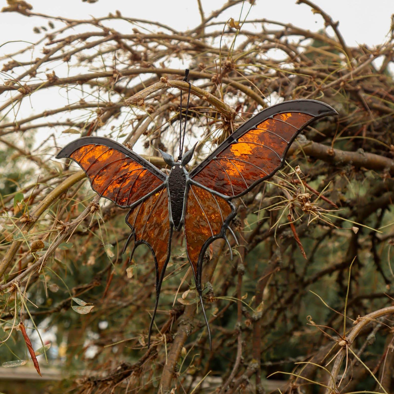 Bat Butterfly Suncatcher – Stained Glass Halloween & Fall Decor – Handmade Garden Art Present
