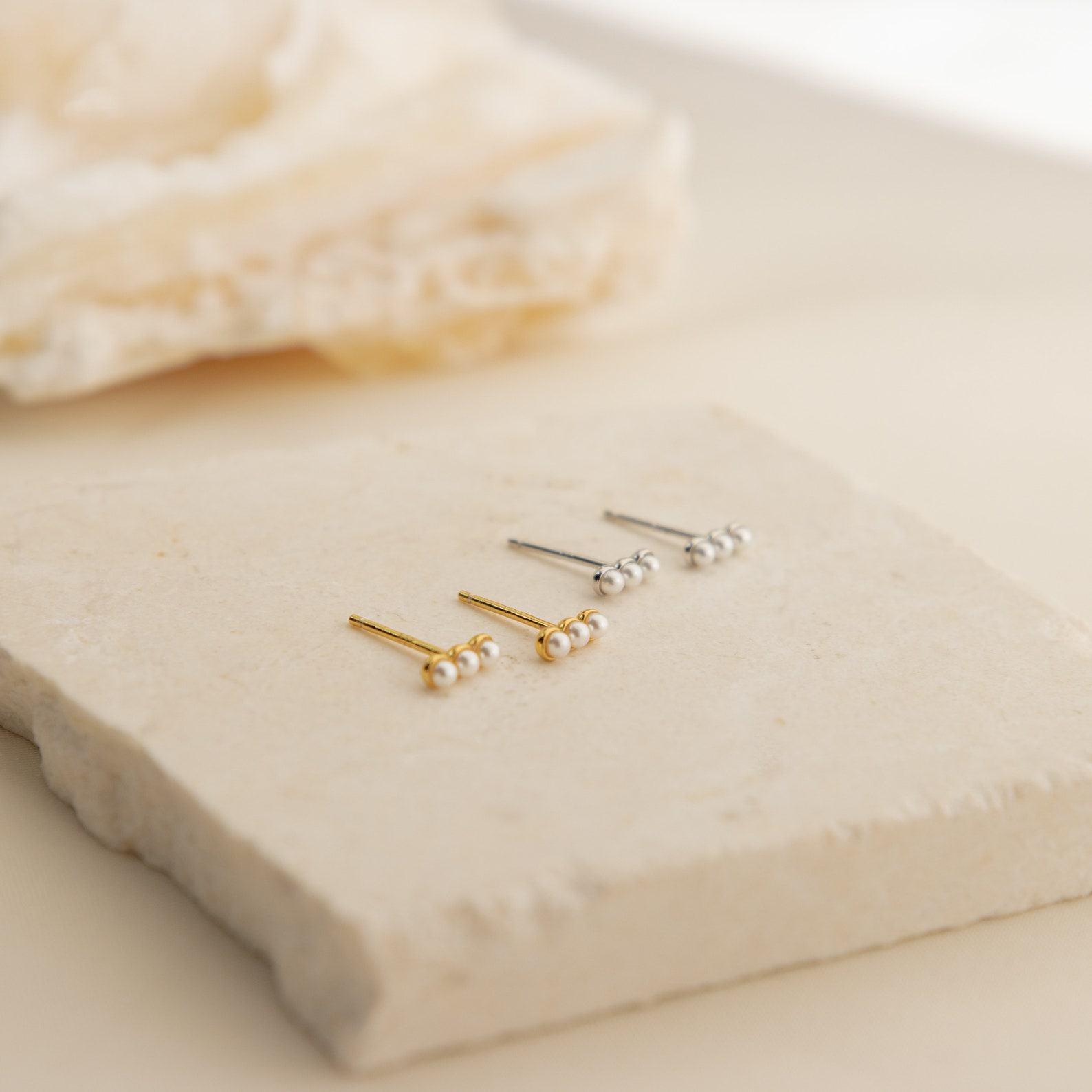 Beaded Pearl Bar Earrings Minimalist Dainty Studs for Second Hole, Interesting  Item (ER176)