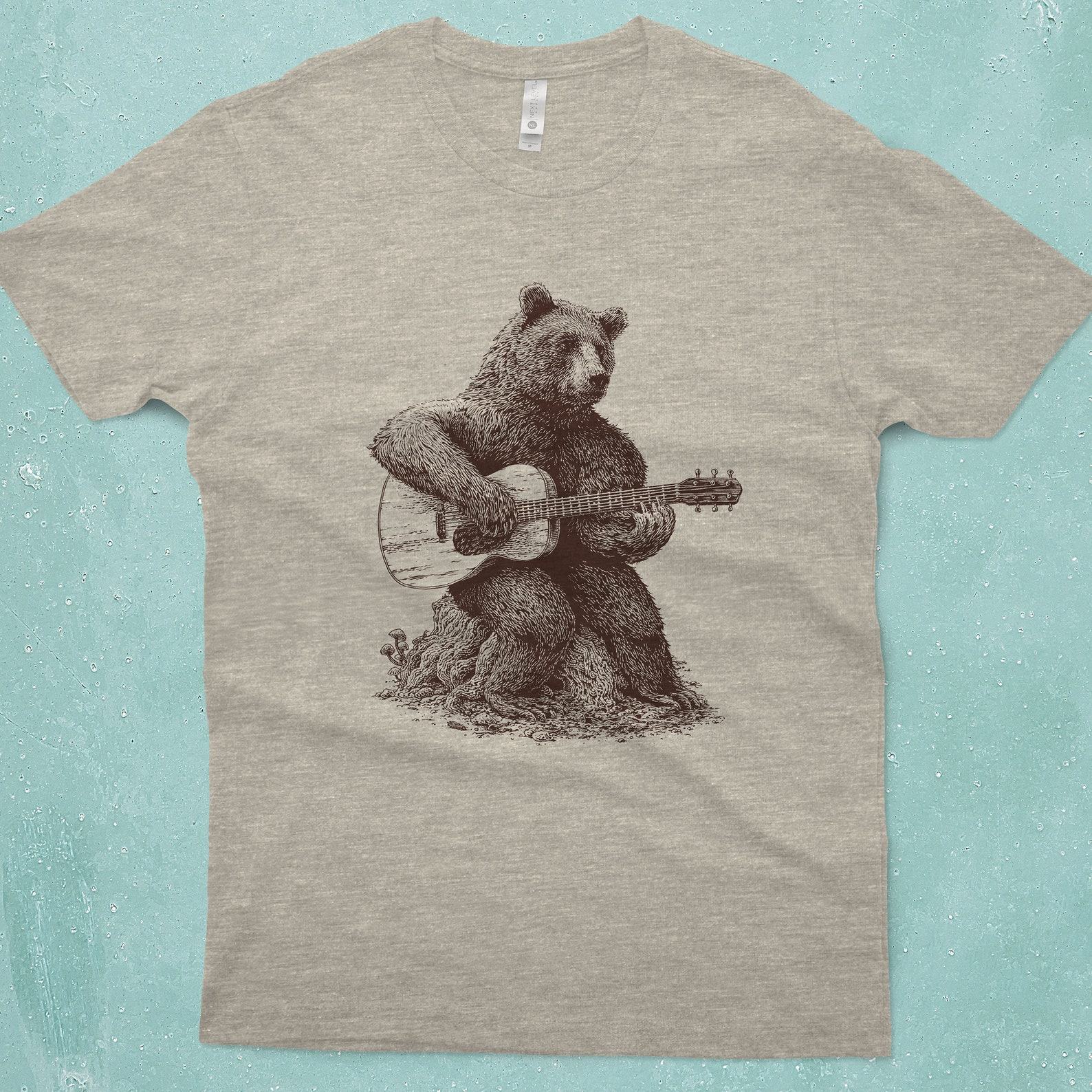 Bear-tastic Guitar Grooves Unleash the Rhythm with Our Men’s Bear Guitar T-Shirt