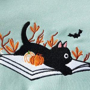 Bewitching Black Cat Embroidered Sweatshirt Spooky and Cozy for Fall