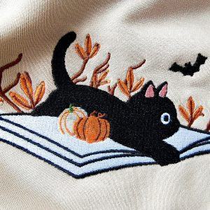 Bewitching Black Cat Embroidered Sweatshirt Spooky and Cozy for Fall