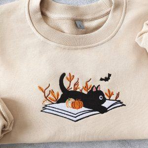 Bewitching Black Cat Embroidered Sweatshirt Spooky and Cozy for Fall