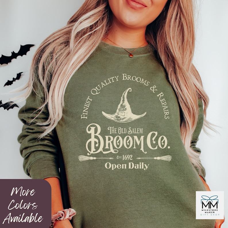Bewitching Halloween Sweatshirt Embrace the Spooky Spirit with Salem Broom Company’s Vintage Charm