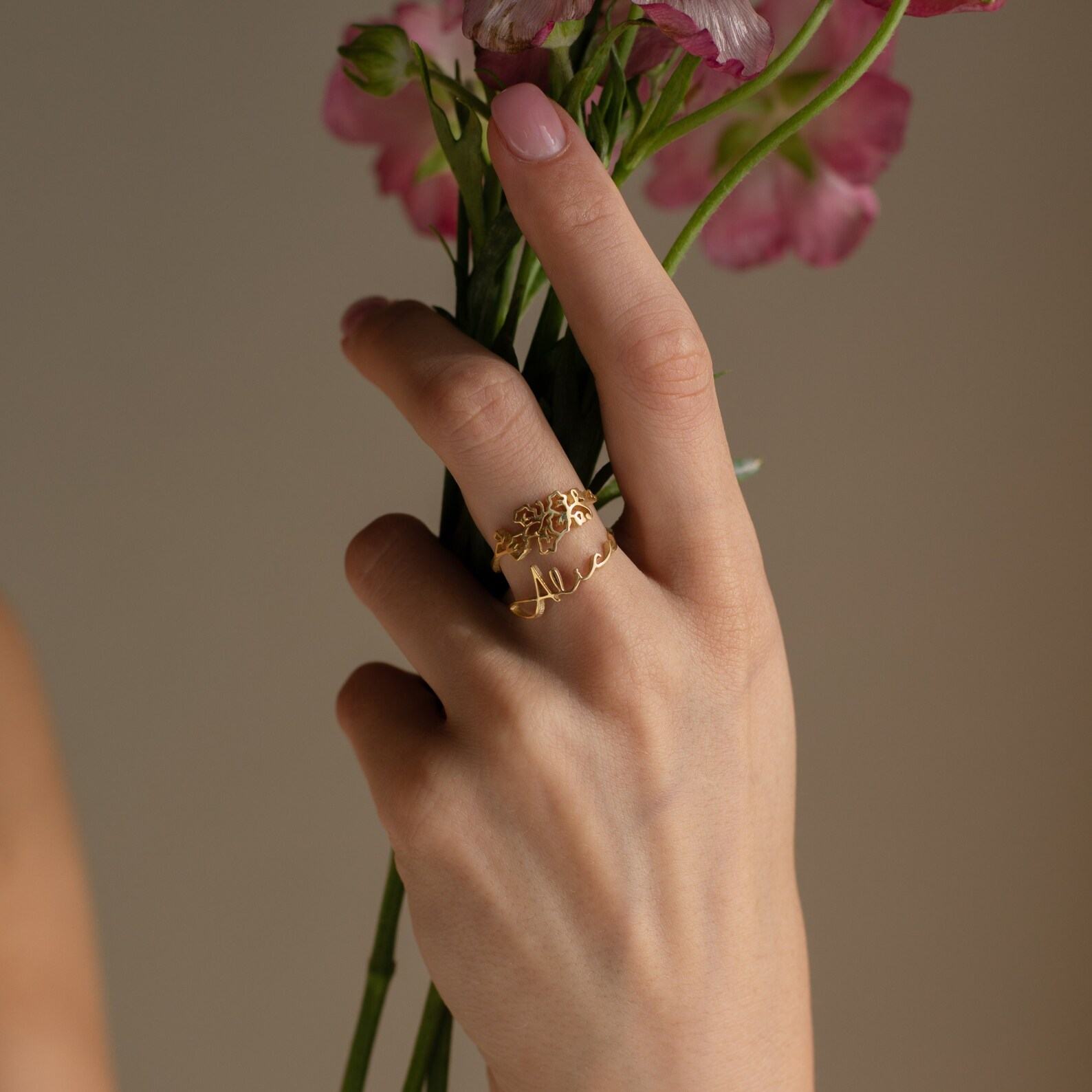 Birth Flower Name Ring Personalized Floral Jewelry for a Timeless Statement