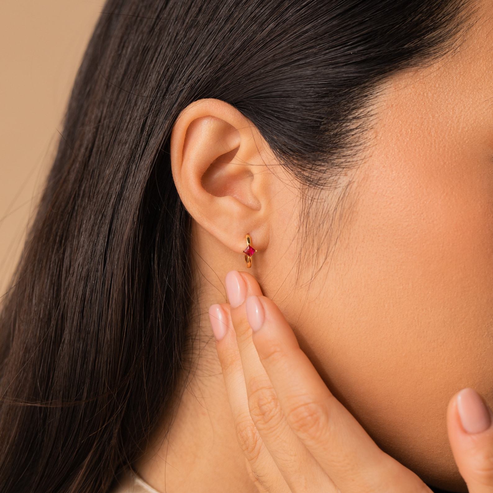 Birthstone Huggies Minimalist Gold Hoops with Custom Birthstone, Interesting  Item for Mom (ER094)