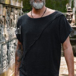 Black Boho Shirt Raw Cotton Bohemian Men’s Clothing, Asymmetrical Organic Top, Comfy Tunic T-Shirt, Gypsy Shirt for Men