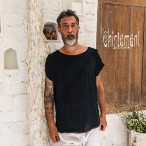 Black Boho Shirt Raw Cotton Bohemian Men’s Clothing, Asymmetrical Organic Top, Comfy Tunic T-Shirt, Gypsy Shirt for Men