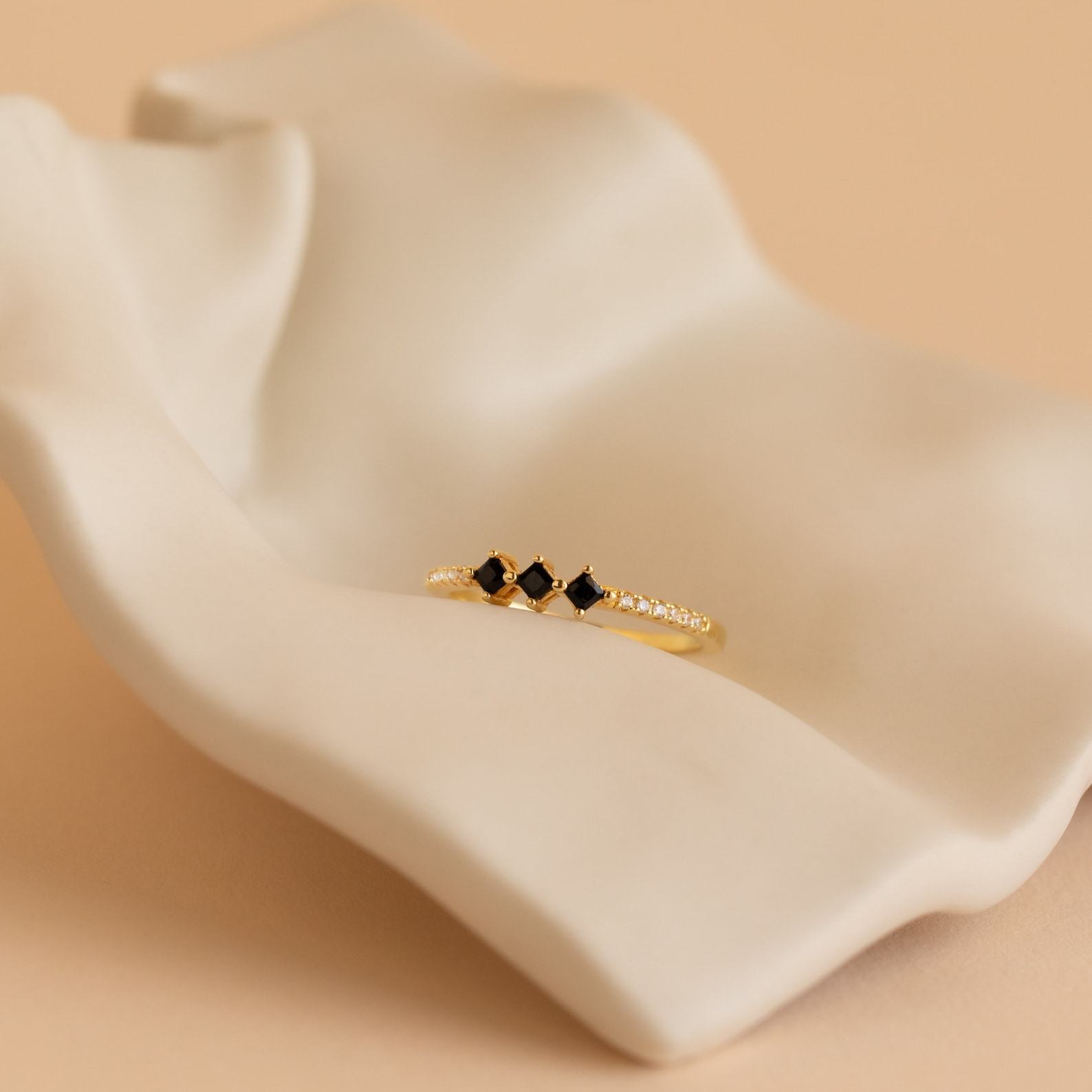 Black Diamond Art Deco Ring Minimalist Geometric Band for Her (RR074)