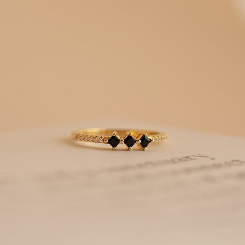 Black Diamond Art Deco Ring Minimalist Geometric Band for Her (RR074)