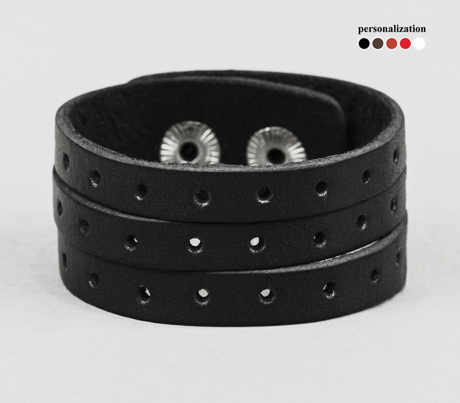 Black Perforated Leather Cuff Bracelet A Timeless Accessory for Men and Women - Image 6
