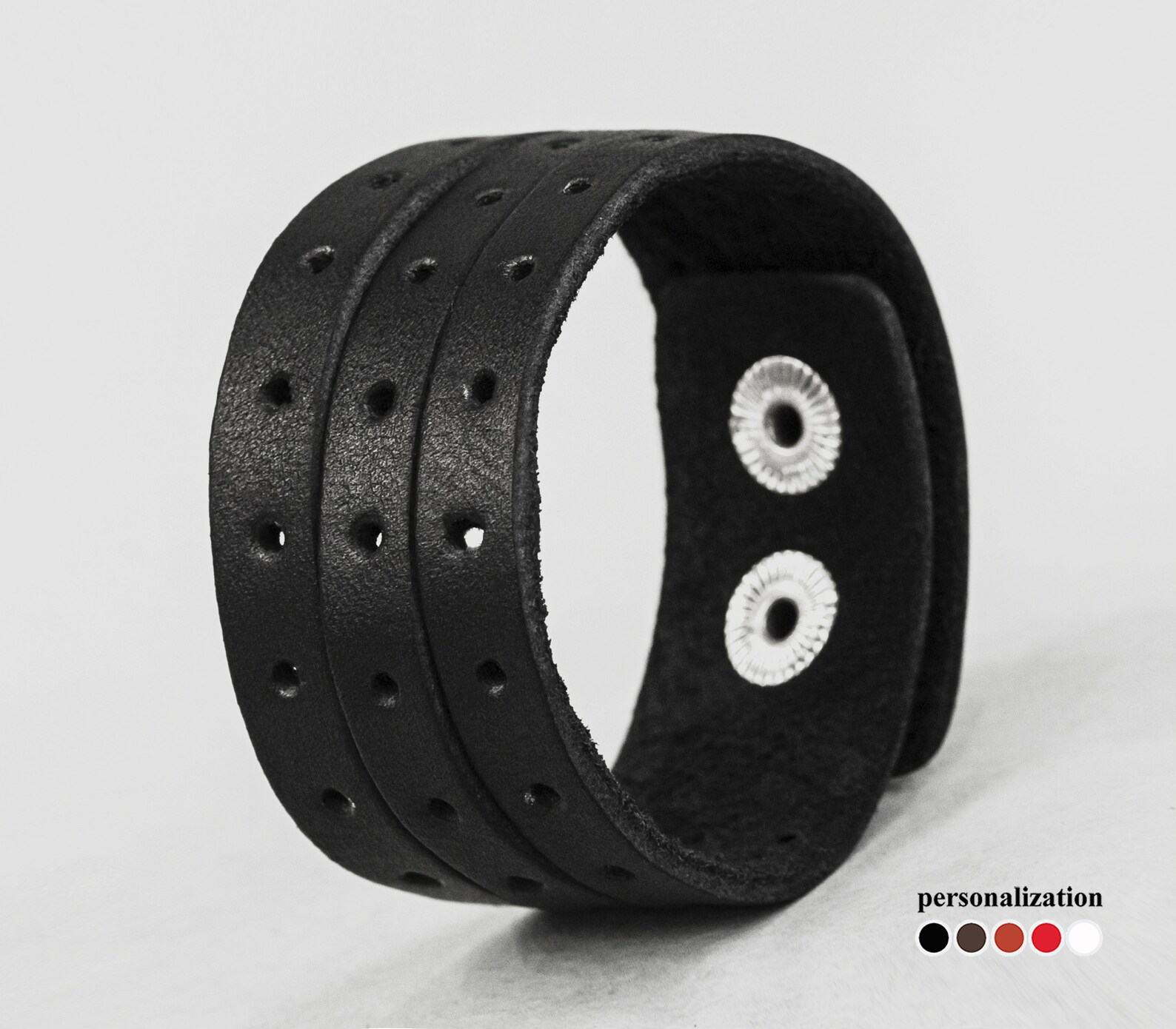 Black Perforated Leather Cuff Bracelet A Timeless Accessory for Men and Women - Image 3