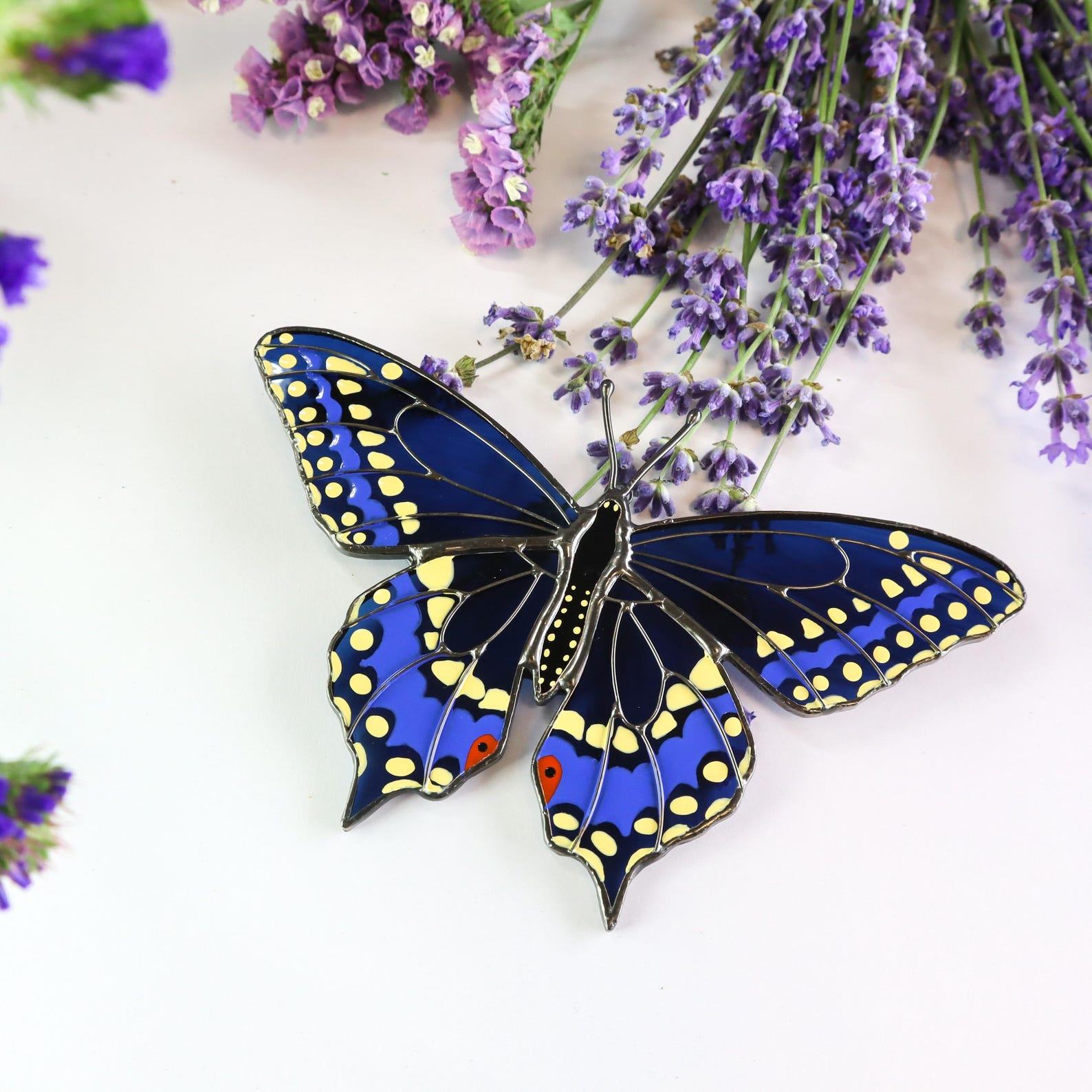 Black Swallowtail Suncatcher – Stained Glass Butterfly Window Hanging – Handmade Present for Mom – Modern Home Decor