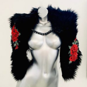 Black with Red Roses Unreal Faux Fur Shrug with Red Rose Floral Appliques